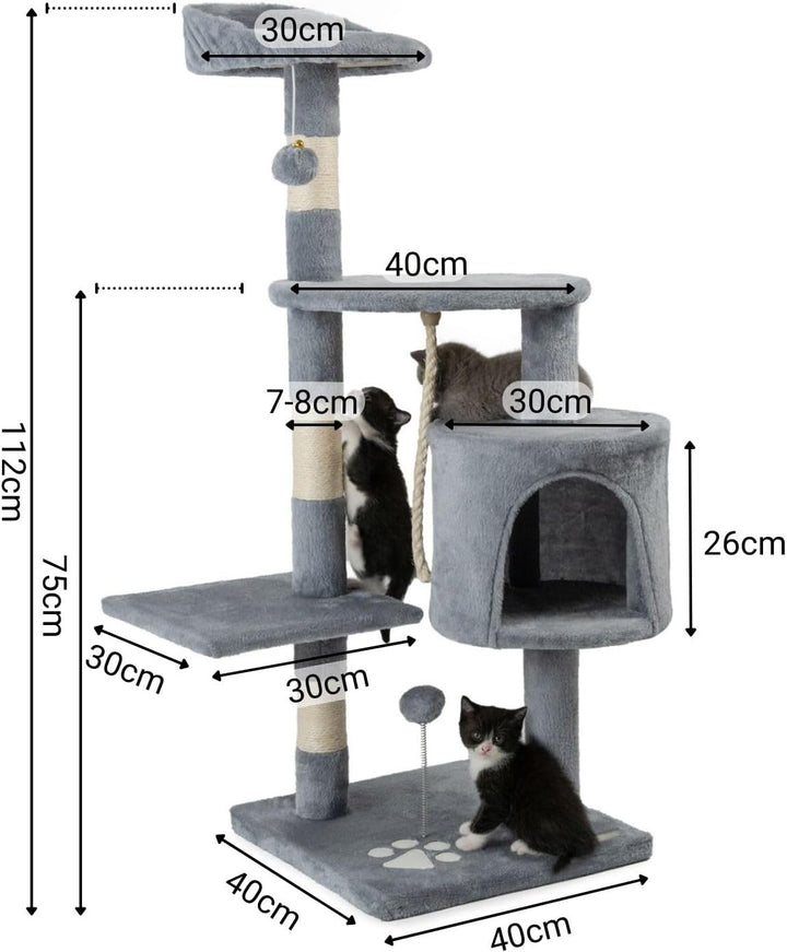 lionto Kratzbaum für Katzen mit 2 Plüschbällen & Spielseil, Höhe 112 cm, Katzenbaum mit Sisalseil &