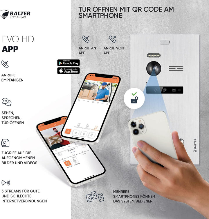 Balter EVO-HD Video Türsprechanlage, Video Türklingel mit Kamera, 4 familienhaus Klingel, Smartphone