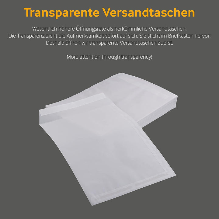 250 Stück, Transparent-Versandtaschen, DIN C4, Haftklebung mit Abziehstreifen, Gerade Klappe, 100 g/