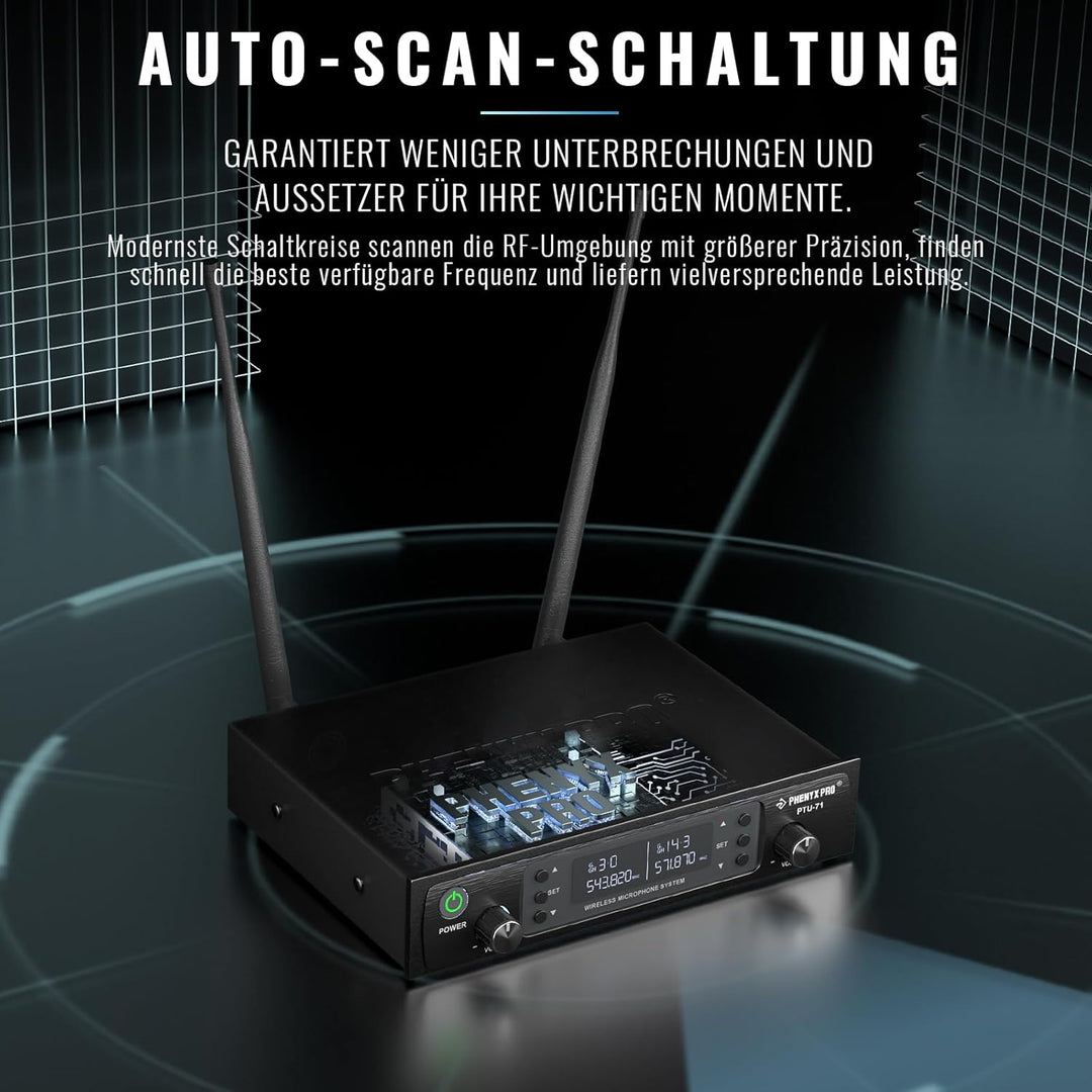 Phenyx Pro Kabelloses UHF-Mikrofonsystem, Auto-Scan-Mikrofon-Set mit 2 x 100 Frequenzen, 2 Bodypacks