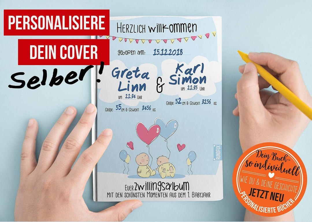 Das Zwillingsalbum für das gesamte erste Babyjahr - Das Erinnerungsalbum mit personalisierbarem Cove