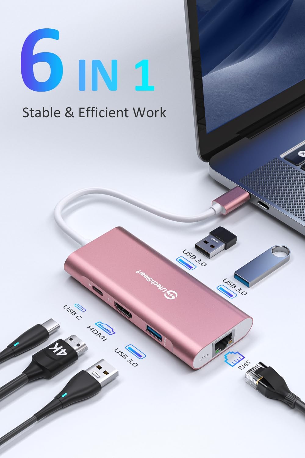 USB C Hub, UtechSmart 6 in 1 USB C zu HDMI Adapter mit 1000M RJ45 Ethernet, PD 100W Ladeanschluss, 3