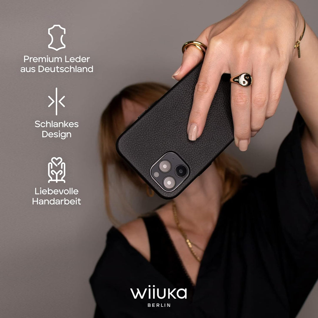 WIIUKA Hülle für iPhone 13, Deutsches Leder, Lederhülle extra Dünn, Premium Handyhülle, Case, Qi, Sc