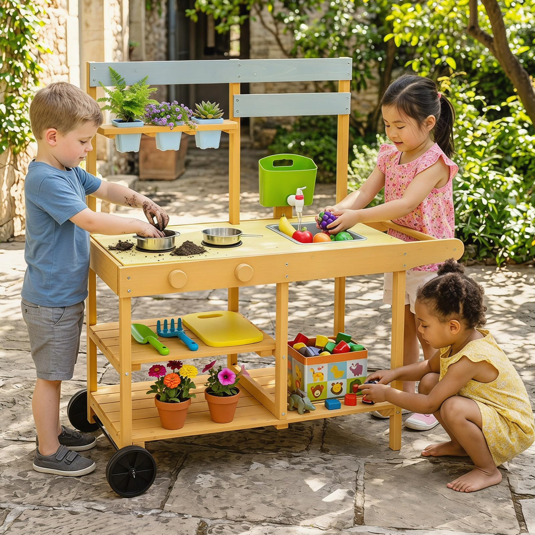 COSTWAY Matschküche Kinder Outdoor, Spielküche mit Wassertank &amp; Wasserhahn | Kinderküche mit Rädern,