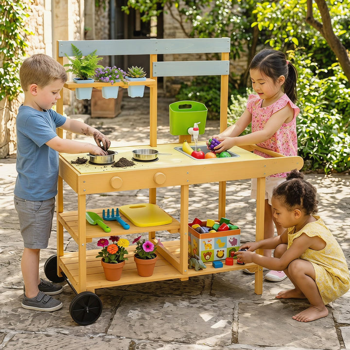 COSTWAY Matschküche Kinder Outdoor, Spielküche mit Wassertank &amp; Wasserhahn | Kinderküche mit Rädern,