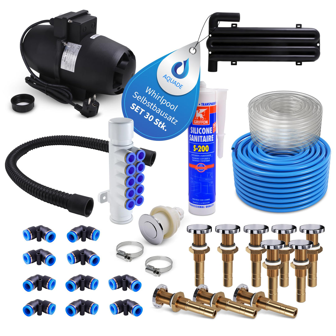 AQUADE Gebläse Set Whirlpool Bausatz Luftgebläse Airblower mit Airjets für Badewanne mit 10 Airjet,