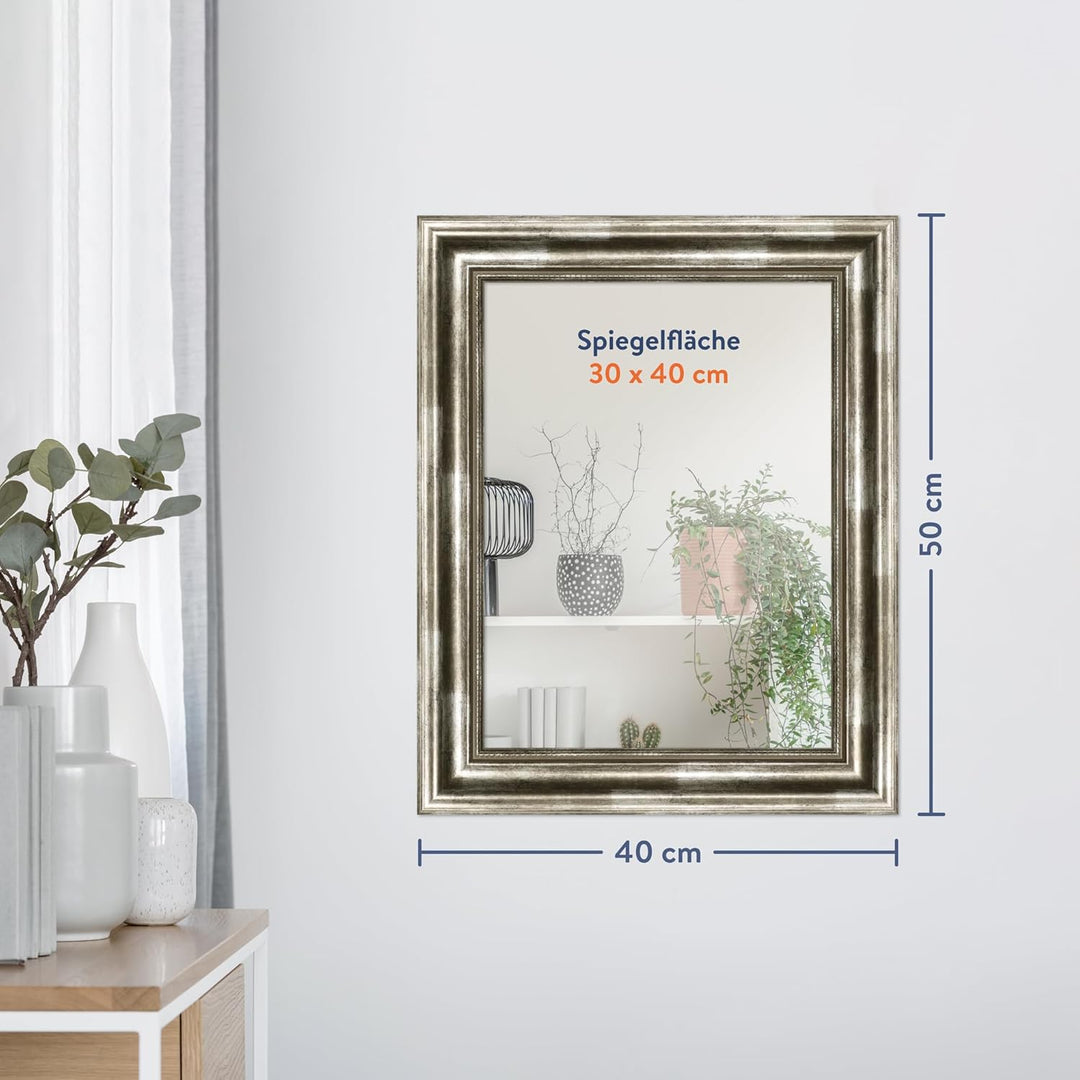 WANDStyle Spiegel Barock und Antik I Aussenmass: 40x50cm I Farbe: Silber I silberner Wandspiegel aus