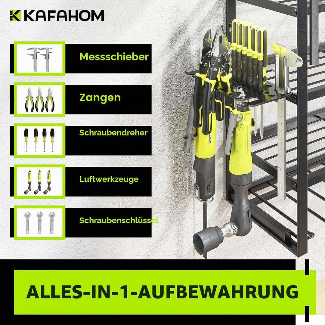 KAFAHOM Grosse Werkzeug-Wandhalterung mit 13 Bohrerschächten für die Garage – 4-etagiges Organizer-R