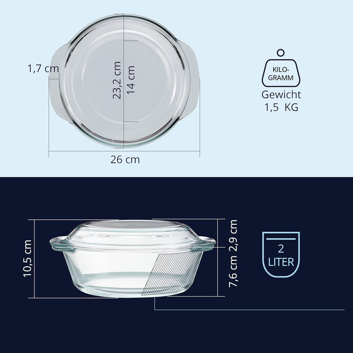 KHG Auflaufformen aus Glas mit Deckel 2er Set 2 Liter Rund für kalte & warme Speisen, spülmaschinenf