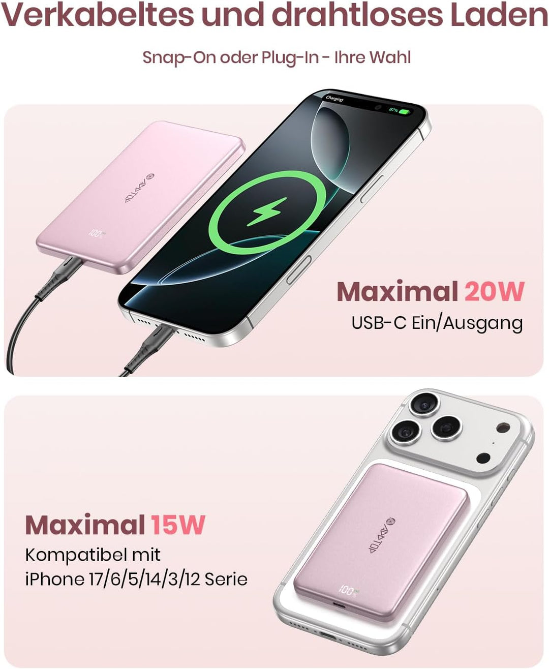 Ultra Slim Power Bank Magnetische, A ADDTOP Powerbank Induktives 5000mAh, 20W Schnellladung Wireless
