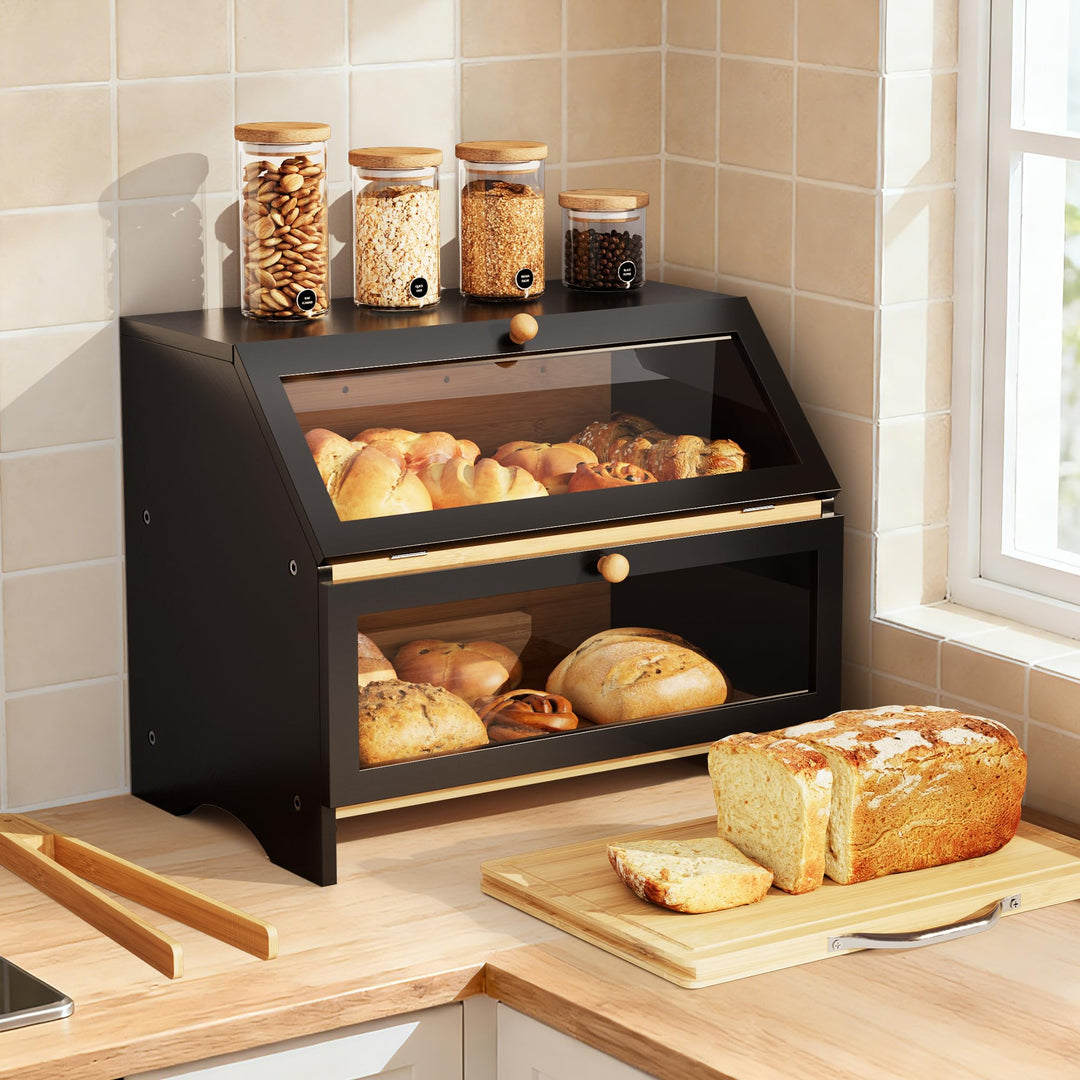 Pamapic Brotkasten Bambus, Brotkorb mit Schneidebrett, 2 Etagen Brotbox mit Brotzange, Brotaufbewahr