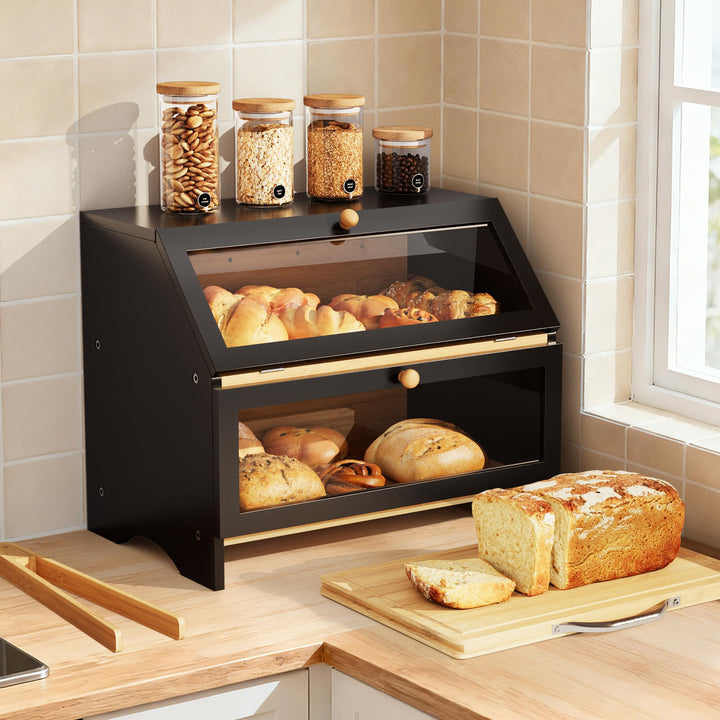 Pamapic Brotkasten Bambus, Brotkorb mit Schneidebrett, 2 Etagen Brotbox mit Brotzange, Brotaufbewahr