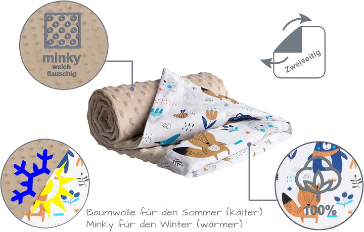 Medi Partners Krabbeldecke 100% Baumwolle 75x100cm doppelseitig multifunktional Minky Kuscheldecke f