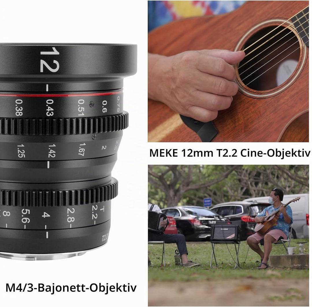 MEKE 12mm T2.2 grosse Blende, manueller Fokus, niedrige Verzerrung, 4K Mini-Cine-Objektiv für Micro