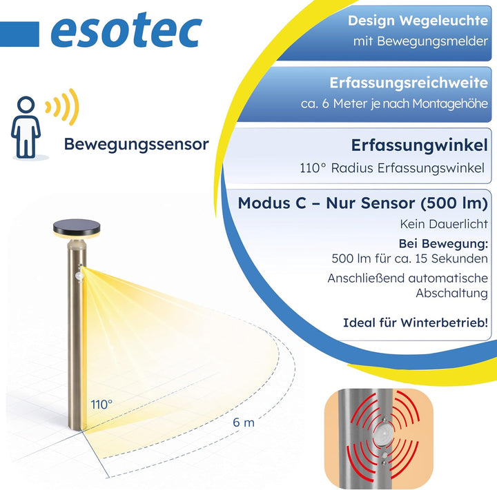 esotec Edelstahl Solarleuchte Aussenlampe mit Bewegungsmelder Cortona, H=80cm, 3 Leuchtmodi, 30 LEDs
