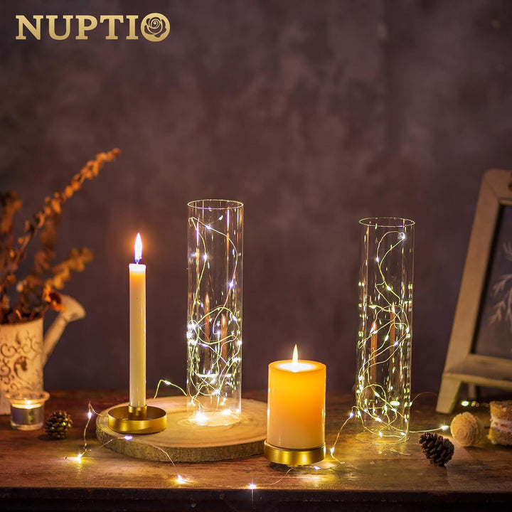 NUPTIO Glaszylinder für Kerzen Kerzenhalter Gold: 30cm Satz von 2 Klarglas Metall Kerzenständer Stab