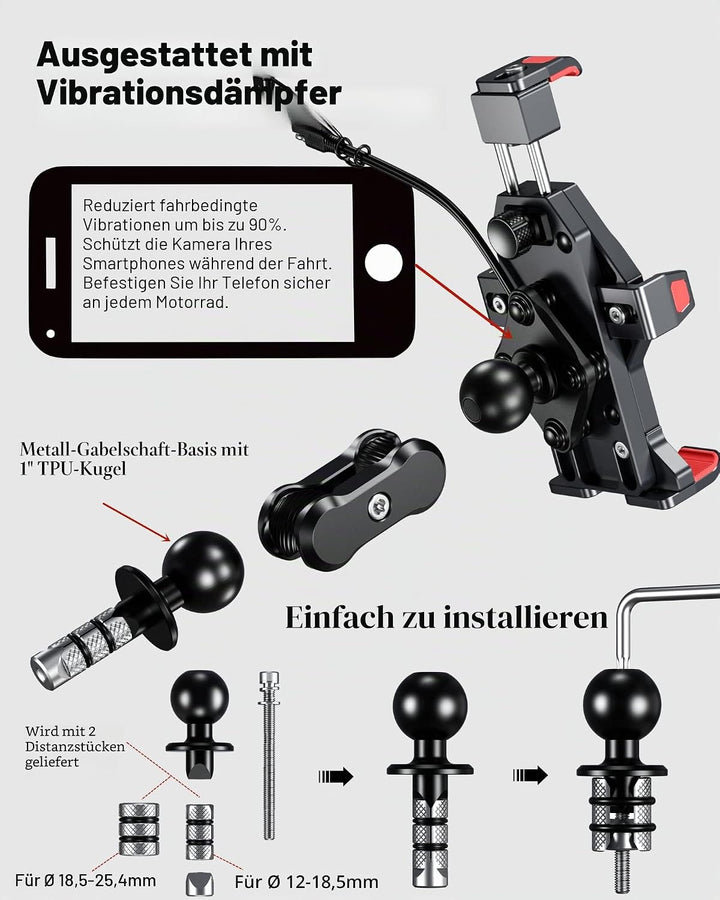 BRCOVAN Aluminiumlegierung Motorrad Gabelschaft Handyhalterung mit Qi 15W Drahtloses Ladegerät und V