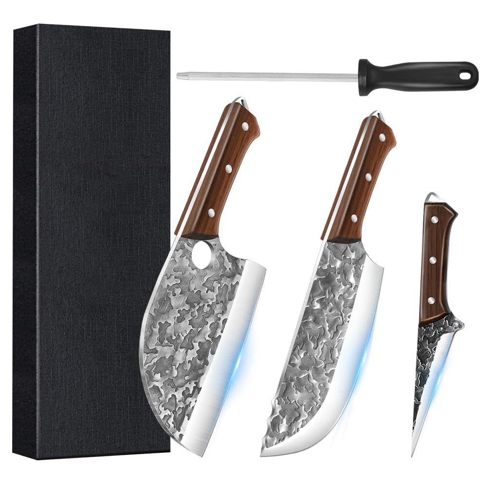 MDHAND Metzgermesser Set 3-teilig Handgeschmiedetes Serbisches Kochmesser Set mit Ausbeinmesser & Ha