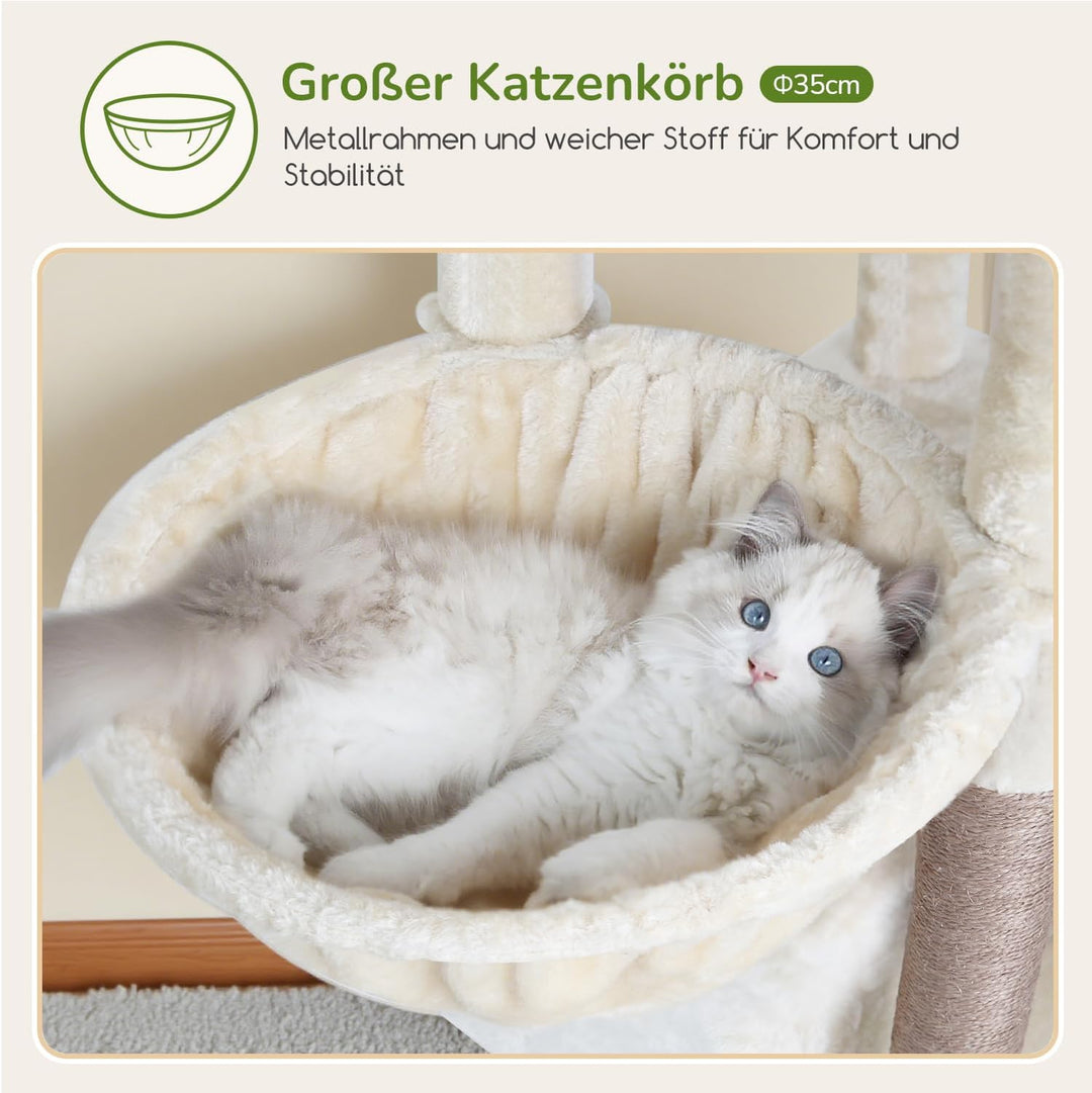 Globlazer Kratzbaum Beige Grosse hoch 188 cm mit 2 Gross Katzenhaus, Grosse Gepolsterte Plattform, W