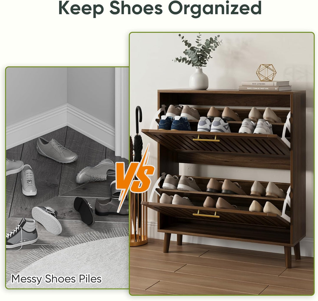 Smart FENDEE Schuhschrank Bauernhausstil, schmaler freistehender Schuh-Organizer mit 2 klappbaren La