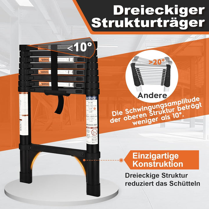 HBTower Teleskopleiter 2,6m mit rutschfesten Füssen,Leichte Ausziehleiter, Leiter Ausziehbar, klappb