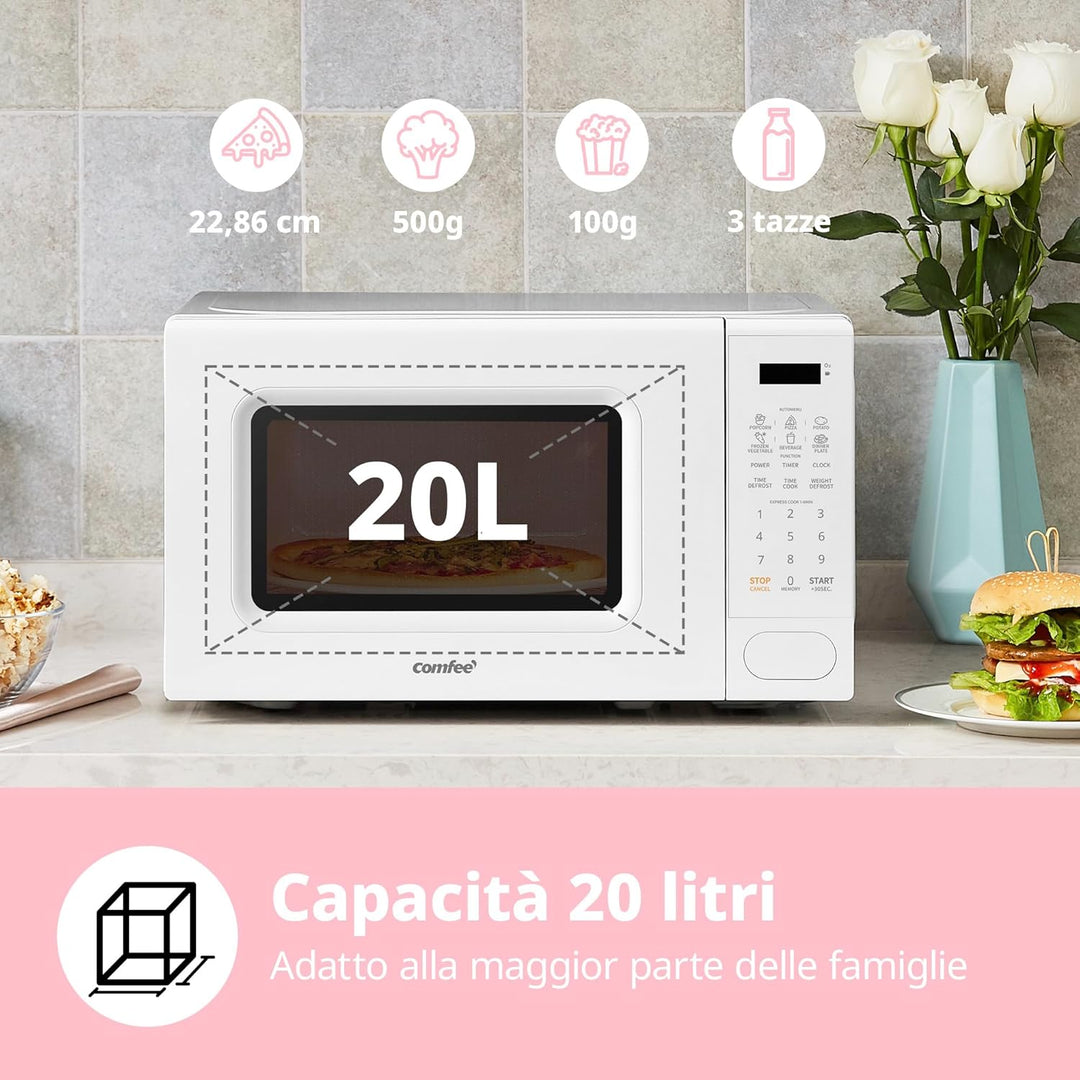 COMFEE' Digitale Mikrowelle, 700 W, 20 l, 6 voreingestellte Menüs, Express Cook, 11 Leistungsstufen,