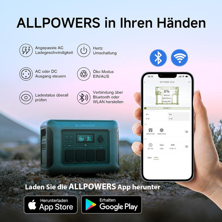 ALLPOWERS Solargenerator R1500, 1152WH LiFePO4 Batterie, 4x 1800W (3000W Spitze) AC Ausgang Tragbare