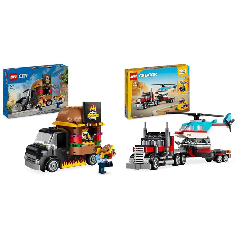 LEGO City Burger-Truck, Bauset mit Spielzeug-Auto für 5-jährige Kinder &amp; Creator 3in1 Tieflader mit