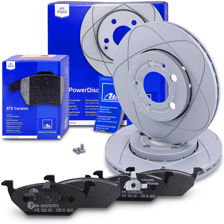 ATE Bremsenset Vorderachse inkl. PowerDisc Bremsscheiben Ø 256 mm belüftet und Ceramic Bremsbeläge v