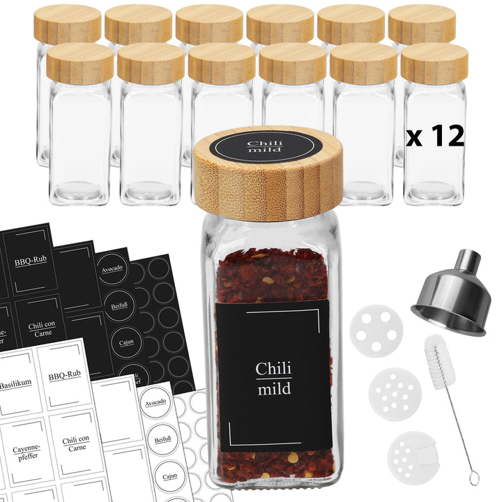 VonBueren Gewürzgläser eckig leer mit Bambusdeckel | Set mit 12 x 120 ml | Gewürzbehälter mit Streue