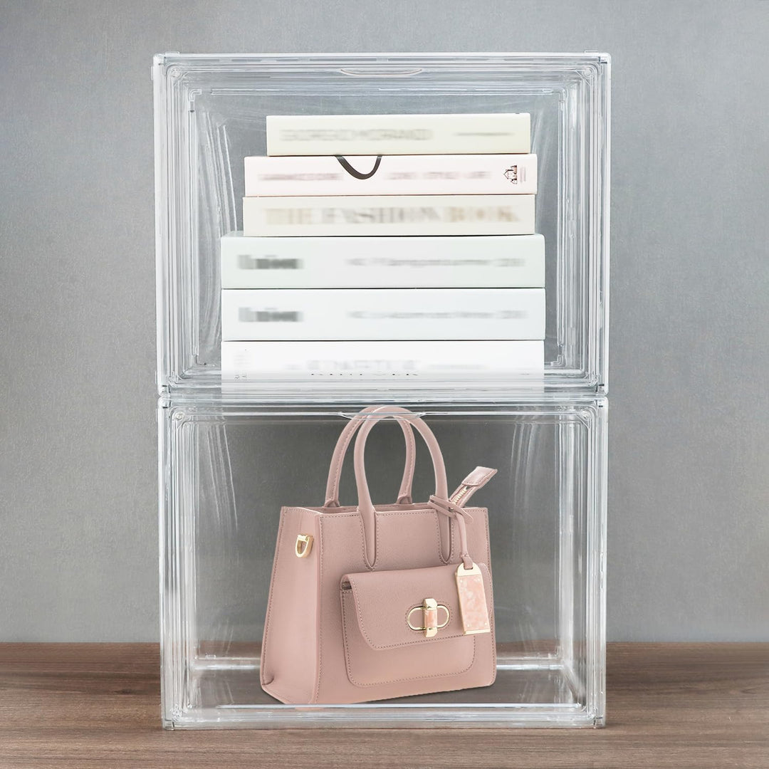 QWORK® 3 Stück Schuhboxen Stapelbar, Transparente Kunststoffboxen mit Magnetverschluss, Schaukasten,
