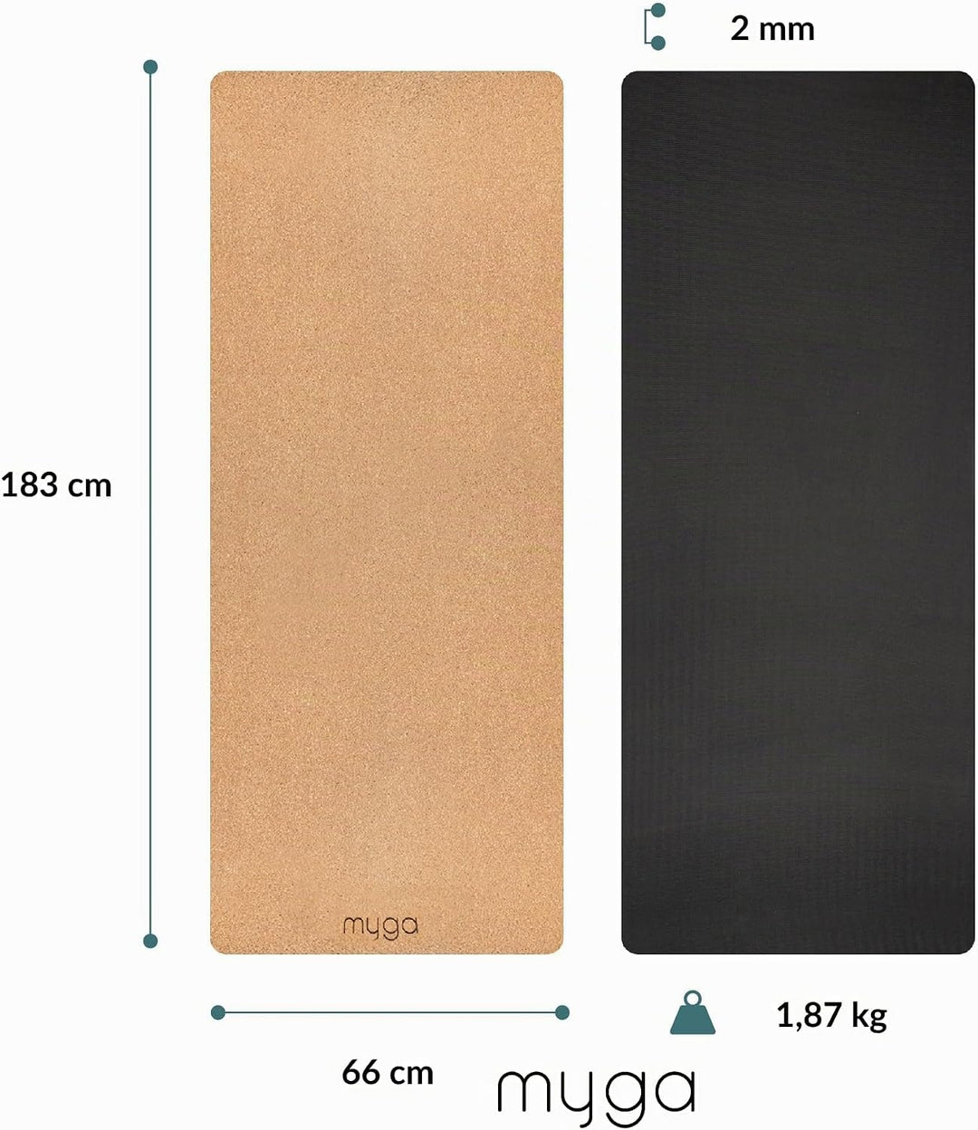 Myga Kork Yogamatte | Rutschfest & Leicht zu tragen – Extra Dünn 2 mm | Ideal für Yoga, Pilates, Med