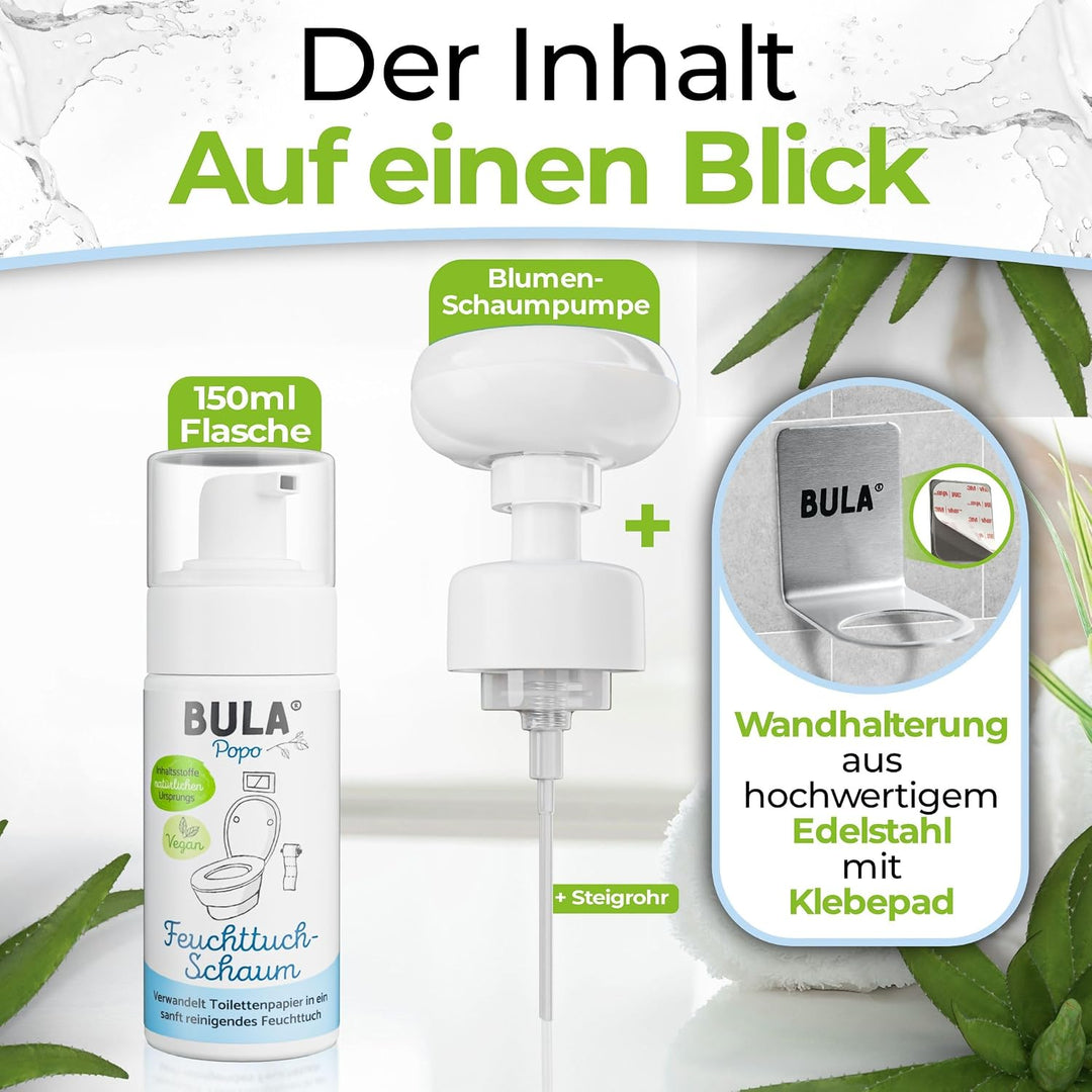 BULA® Popo Home Bundle | Feuchttuch-Schaum 150ml Flasche + Blumen-Schaumpumpe inkl. Edelstahl Halter