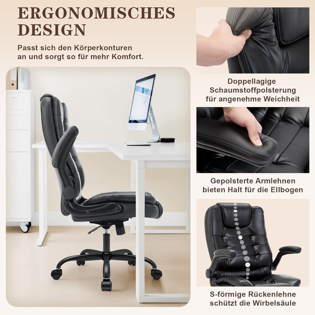 IWMH Ergonomischer Bürostuhl 180KG, Schreibtischstuhl PU Leder mit Hochklappbaren Armlehnen, Chefses