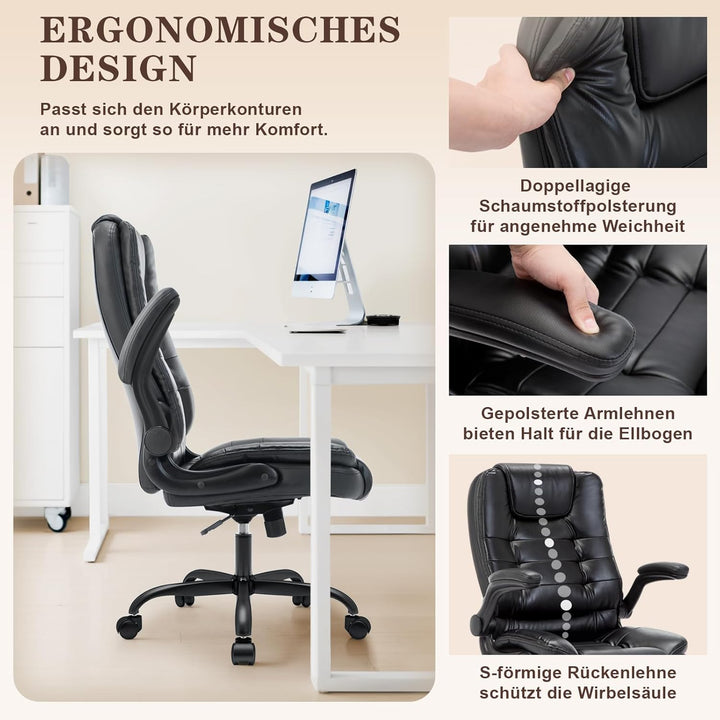 IWMH Ergonomischer Bürostuhl 180KG, Schreibtischstuhl PU Leder mit Hochklappbaren Armlehnen, Chefses