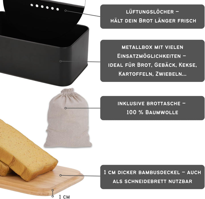 Brotkästen Metall mit Bambusdeckel – Moderne Brotbox Küche – Brot aufbewahren Inkl. Baumwollbeutel –