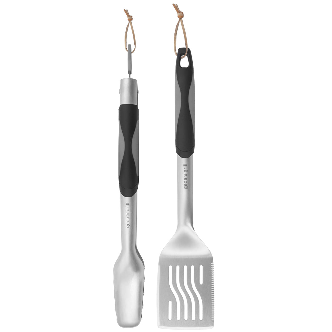 GEDA Grill Edelstahl Grillbesteck Set 2tlg, BBQ Toolset universal, Grillzange Grillwender mit Aufhän