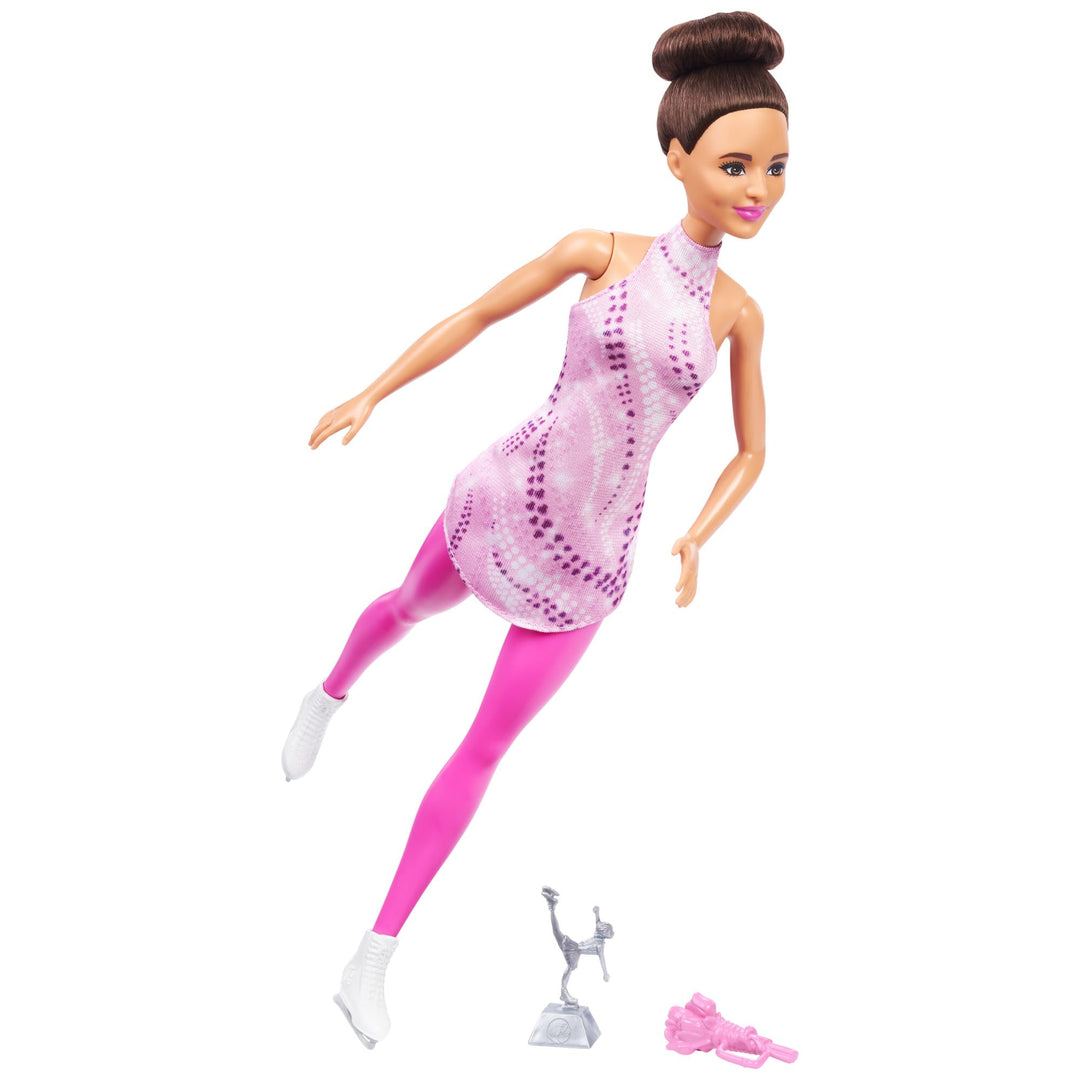 BARBIE Eiskunstläuferin Puppe - Pinkes Eiskunstlaufoutfit, abnehmbares Oberteil und Schlittschuhe, i