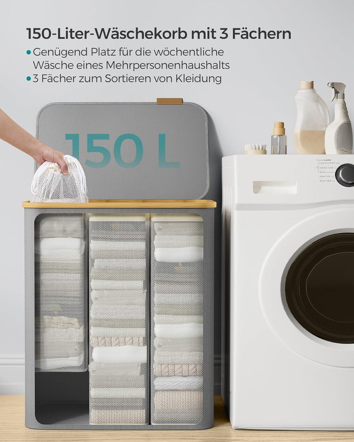 SONGMICS Wäschekorb mit Deckel, Wäschesammler mit 3 Fächern, 150 L, herausnehmbarer Wäschesack, Oxfo