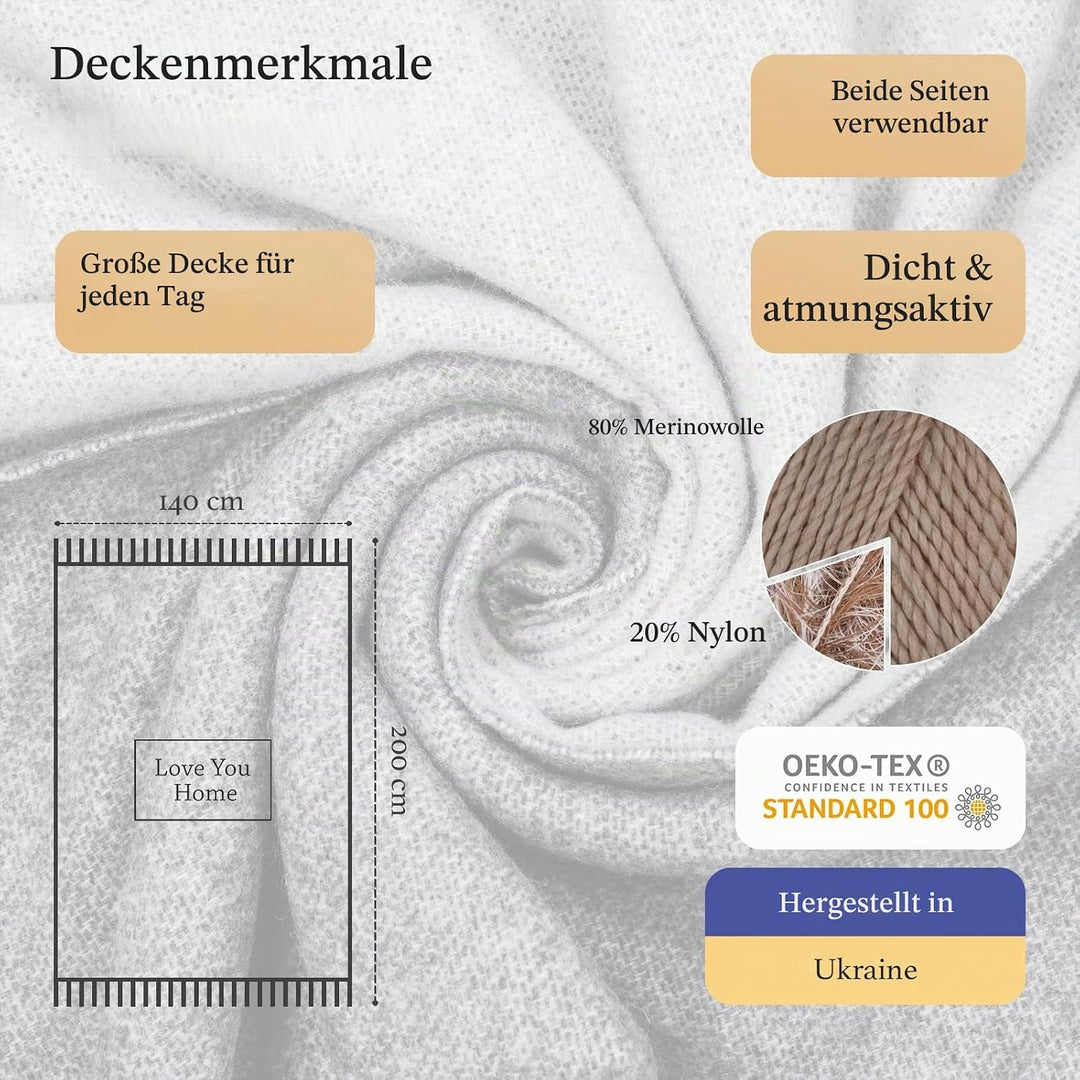 LYHome Merino Decke - Kuscheldecke Tagesdecke Sofa Wolldecke, Blanket Überwurfdecke Sofadecke Wohnde