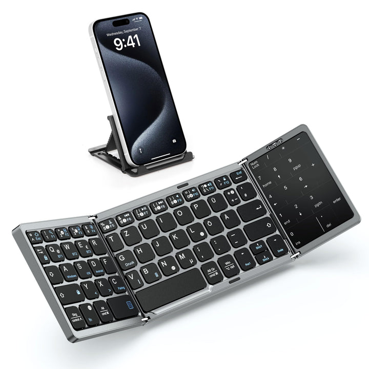 MoKo Faltbare Tastatur Bluetooth QWERTZ, Tragbar Tastatur Klappbar mit Touchpad & Ziffernblock, Wied