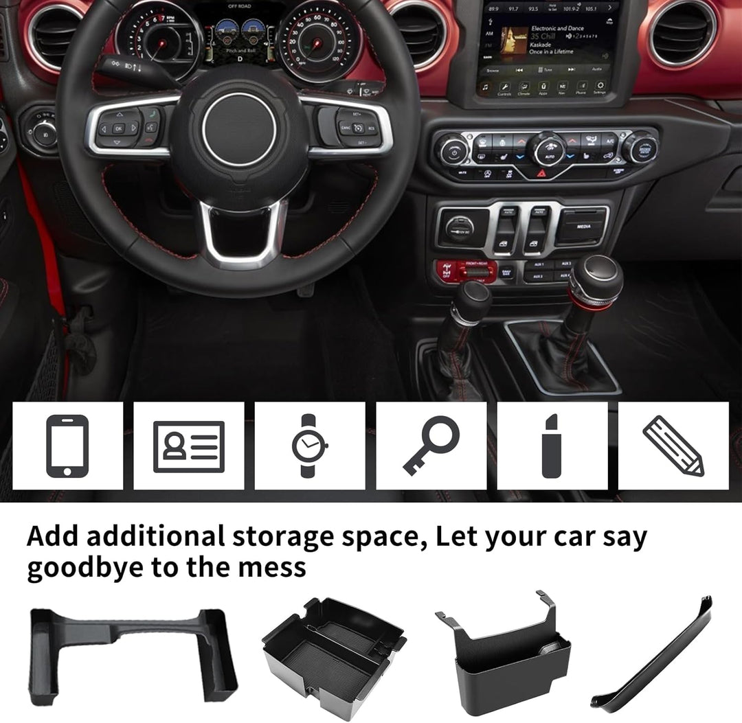 4xMittelkonsolen-Organizer, kompatibel mit 2018–2022 Jeep Wrangler JL JLU und Jeep Gladiator JT Zube