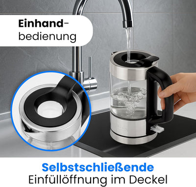 ProfiCook Wasserkocher Glas Edelstahl mit LED Beleuchtung 1 Liter, hitzebeständiger Glaswasserkocher