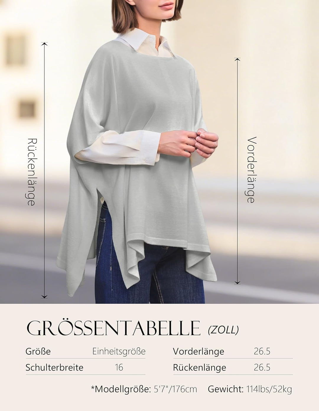 PULI Damen Pullover Poncho Elegant Viskose Strick Locker sitzend Poncho Schal Einheitsgrösse Grau, E