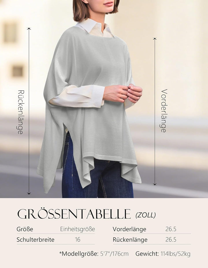 PULI Damen Pullover Poncho Elegant Viskose Strick Locker sitzend Poncho Schal Einheitsgrösse Grau, E