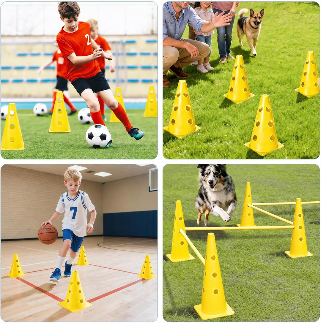 Steckhürdenset 10 Kegel + 5 Stangen, Höhenverstellbare Agility Hürden für Hundesport &amp; Fussballtrain