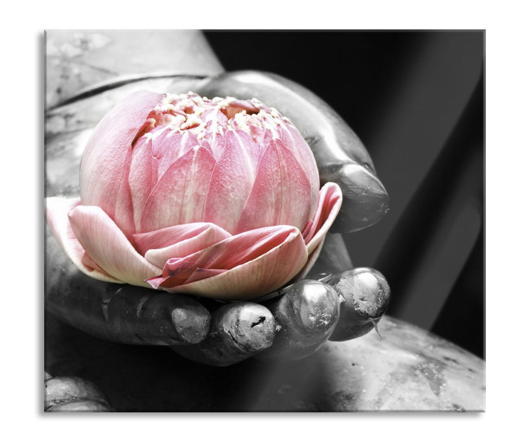 Lotus in einer Hand eines Buddhas Herdabdeckplatte & Spritzschutz aus Echtglas | Für Herd-Kochfelder
