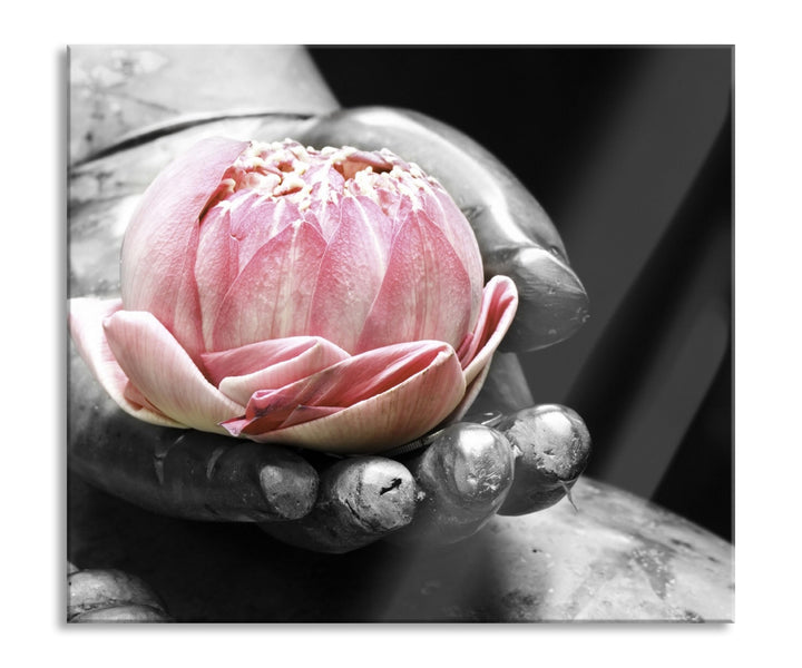 Lotus in einer Hand eines Buddhas Herdabdeckplatte & Spritzschutz aus Echtglas | Für Herd-Kochfelder