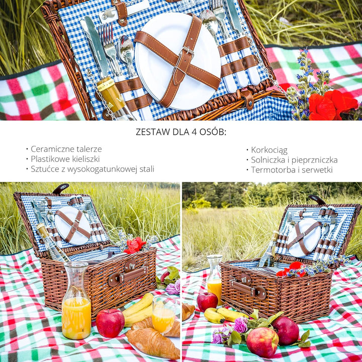 Zolta Picknickkorb 4 Personen - Korb mit Deckel - Weidenkorb mit Picknick Geschirr und Thermotasche