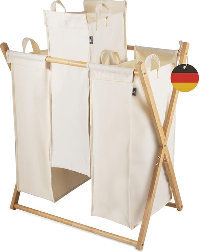 Hennez Wäschesammler XXL - Wäschekorb 3 Fächer - Wäschesortierer Wäschebox - Holz - Wäschetrenner Be